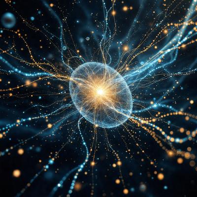 The primary subject of the image is a brightly lit, colorful, and abstract representation of a cell. The cell is surrounded by a vibrant blue background, which adds to the overall visual appeal of the image. The cell appears to be a digital art or illustration, showcasing the intricate details and patterns within the cell structure. The colors and mood of the image are lively and energetic, capturing the essence of life and the beauty of the natural world.